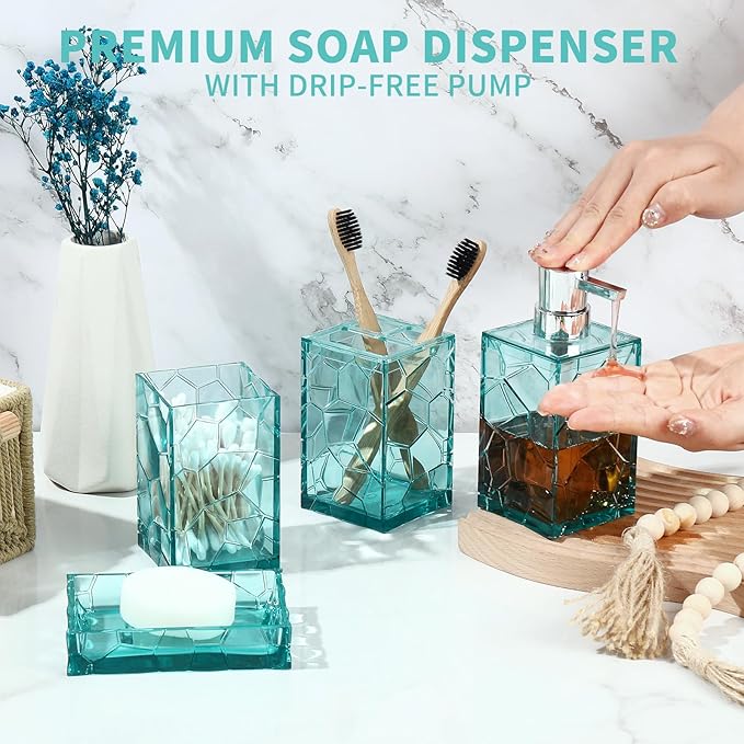 GAHEFY Teal Blue Beach Bathroom Accessories Set with Toothbrush Holder, Soap Dispenser, Tumbler, Soap Dish, Turquoise Bathroom Decor,Acrylic (Teal-4pcs)