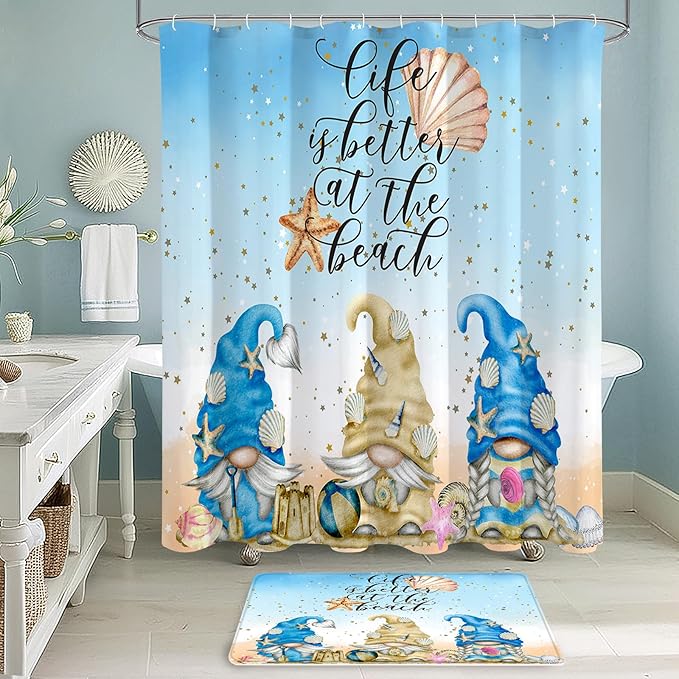 Litabel 4 Pcs Summer Gnomes Shower Curtain Set with Non-Slip Rugs, Toilet Lid Cover and Bath Mat, Sea Beach Starfish Country Bathroom Decor Set with Shower Curtain and Rugs(Hooks Not Included)