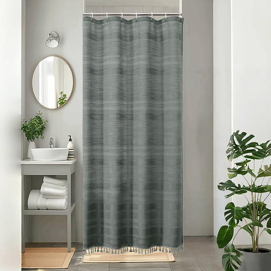 OVZME Small Stall Shower Curtain - Linen Textured Bathroom Curtain with Boho Tassel, Heavy Duty Farmhouse Bath Decor for RV Camper, Machine Washable, 36Wx72L Inches, Light Grey
