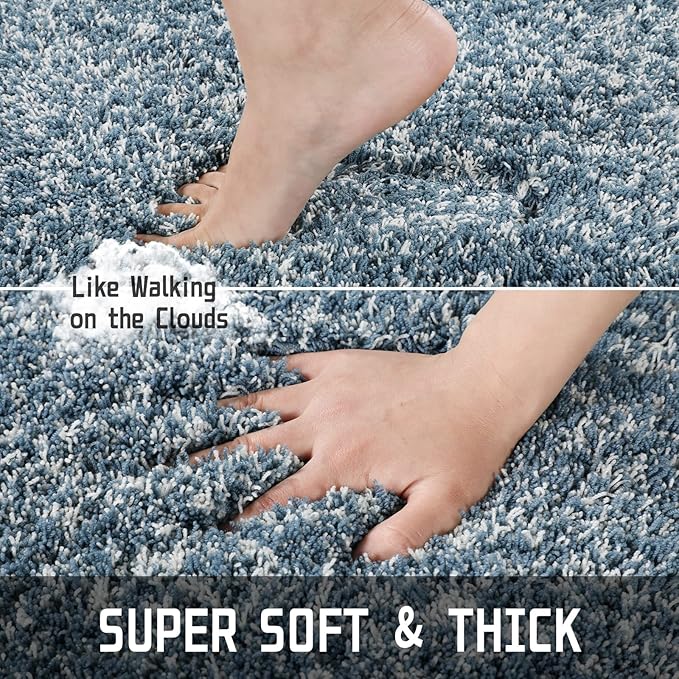 Yimobra Luxury Bathroom Rugs, Fluffy Bath Mats, Non Slip, Water Absorbent Microfiber, Machine Washable, Plush Runner Shower Rugs, Thick Matts for Bathroom Floor&Tub, 60"x 24", Denim Blue and White