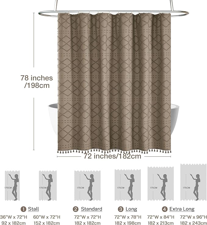 Boho Farmhouse Shower Curtain Woven Fabric Khaki Shower Curtain, 72 x 78 Tufted Chevron Textured Striped Modern Farmhouse Minimalist Shower Curtains for Bathroom