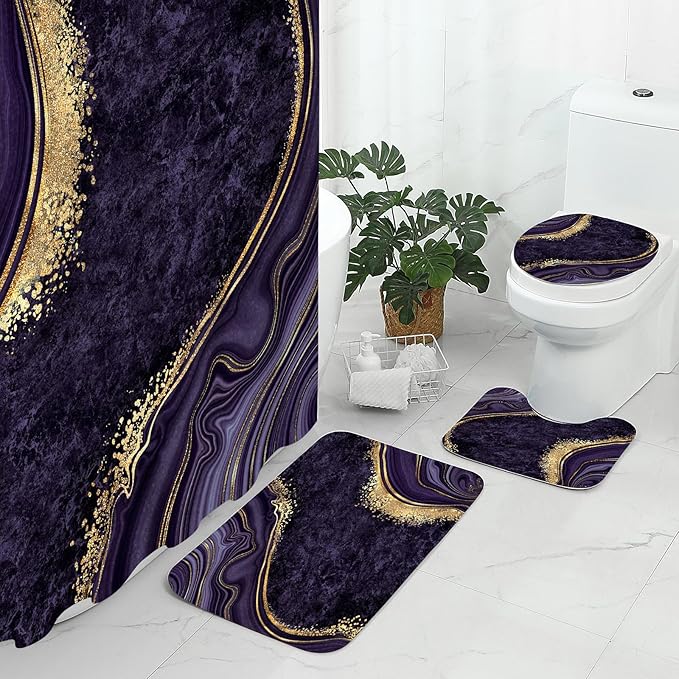 Gibelle 4 Pcs Luxury Marble Shower Curtain Set with Non-Slip Rugs, Toilet Lid Cover and Bath Mat, Gold Foil Purple Bathroom Decor Set with Shower Curtain and Rugs and Accessories