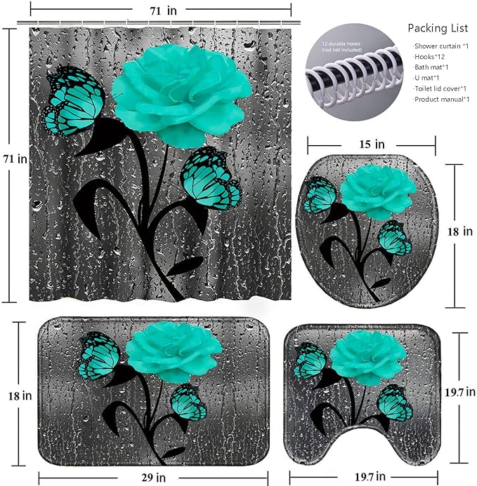 Poedist 4 Pcs Bathroom Set,Green Rose Shower Curtain Sets, Romantic Shower Curtain Sets with Rugs(Bath Mat,U Shape and Toilet Lid Cover Mat) and 12 Hooks
