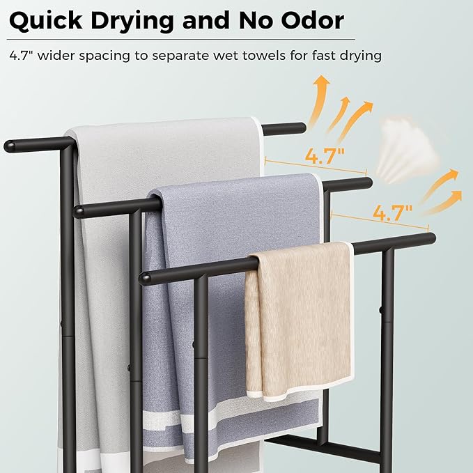 Free Standing Towel Racks for Bathroom, 3-Layer Towel Drying Rack with Storage Rack, Black Metal Pool Towel Rack Outdoor, 12" W x 25.8" L x 39.4" H, UXJMJ002B