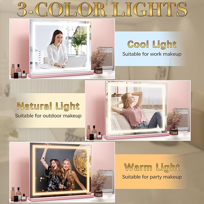 ROLOVE 23"x 18" Pink Vanity Mirror with Lights, Large Lighted Makeup Mirror with 10X Magnifier, 3 Color Lighting & Stepless Dimming, Wall Mounted or Tabletop Desk Mirror for Teen Girls