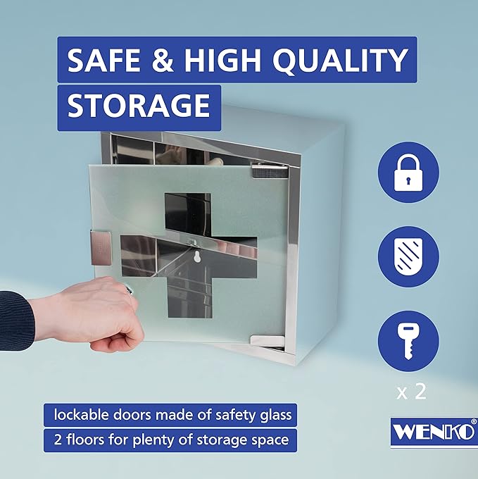 WENKO Medicine Cabinets with Lock, Wall Mounted Over The Toilet Storage Shelves, First Aid Bathroom Wall Cabinet with Safety Glass Door, Small, 9.8 x 9.8 x 4.7 in, Silver Shiny