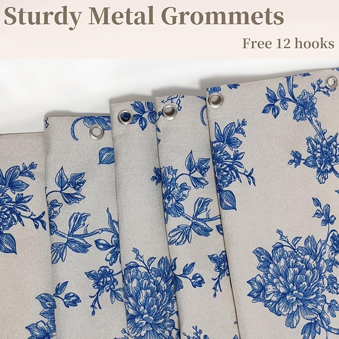 MUGINYU Blue Vintage Floral Linen Shower Curtain-Toile Cottage Core Farmhouse Country Neutral Botanical Bath Curtain for Bahtroom Decor 72x72inch