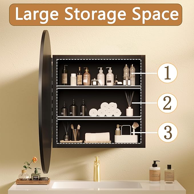 Black Medicine Cabinet Mirror, Wall Mounted Bathroom Vanity with Mirror, 23.2" Round Bathroom Medicine Cabinet with Storage Function, Removable Shelves, Metal, NO Assembly
