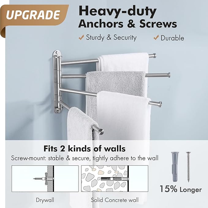 KES Bathroom Towel Rack 15.5-Inch, Swivel Towel Bar 4-Arm, Swing Out Towel Bar Wall Mounted, SUS304 Stainless Steel Brushed Finish, A2103S4L40-2
