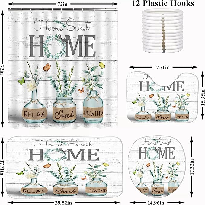 ALEXEX 4 PCS Green Eucalyptus Shower Curtain Sets,Home Sweet Bathroom Set with Shower Curtain and Rugs and Accessories,Farmhouse Country Shower Curtain Bathroom Decor with 12 Hooks,72 X 72 Inches