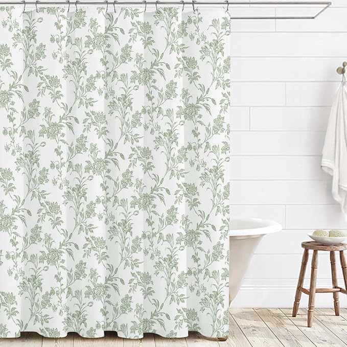 Sage Green Shower Curtain Floral Cotton Cottagecore Shower Curtain for Bathroom 72" W x 72" L