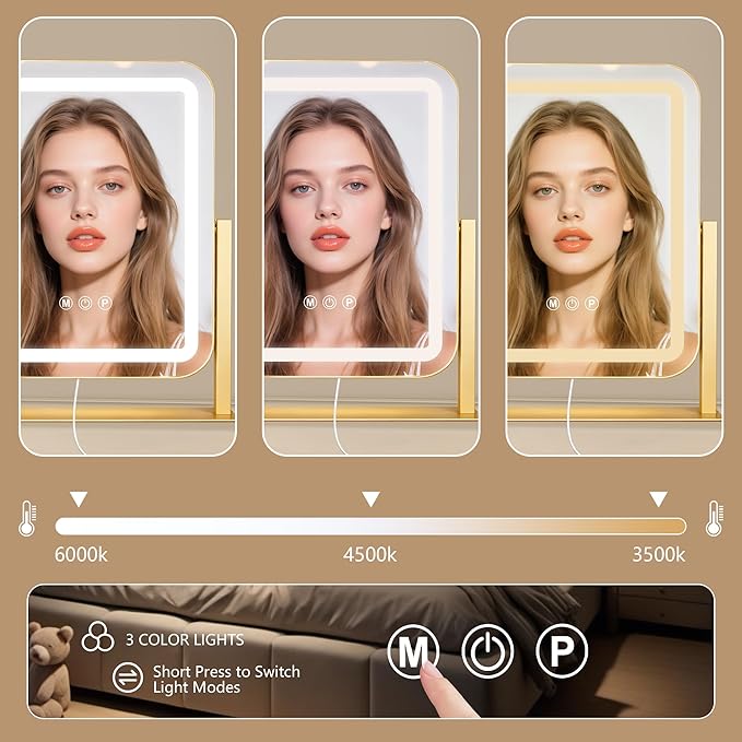 Ratsamee Gold Vanity Mirror with Lights 15"×13", Led Makeup Mirror, Lighted Makeup Mirror with 3 Color Dimmable Lights, Smart Touch Screen Control, 360°Rotation