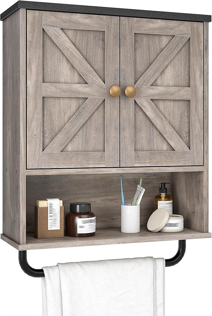 CHOEZON Bathroom Wall Cabinet, Medicine Cabinet with Open Partition and Towel Bar, Rustic Storage Cabinet with Open and Hidden Storage Space, for Bathroom, Living Room, Greige and Charcoal Black
