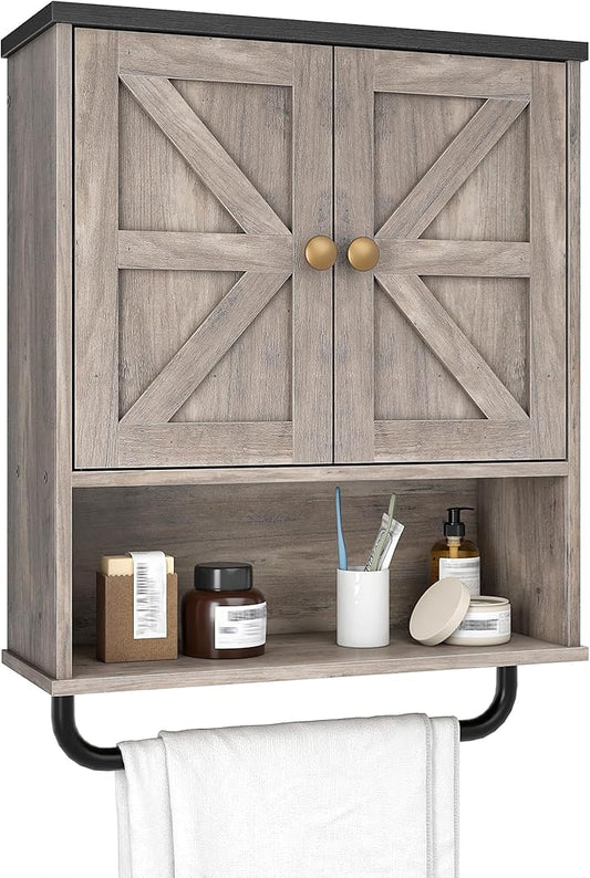 CHOEZON Bathroom Wall Cabinet, Medicine Cabinet with Open Partition and Towel Bar, Rustic Storage Cabinet with Open and Hidden Storage Space, for Bathroom, Living Room, Greige and Charcoal Black