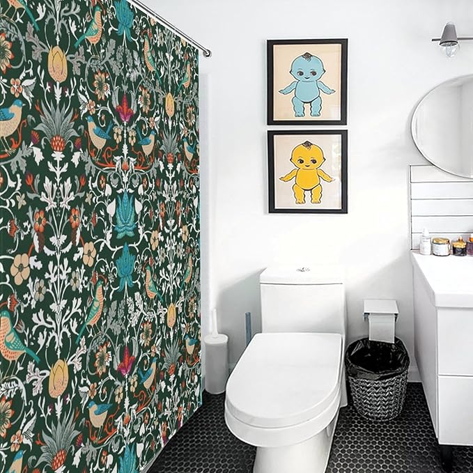 William Morris Shower Curtain,Original Design Vintage Flower Birds Strawberry Thief Pattern Print Shower Curtains Sets Polyester Waterproof Fabric Decor Bathroom Curtain 72"×78" Inch With 12 Hooks