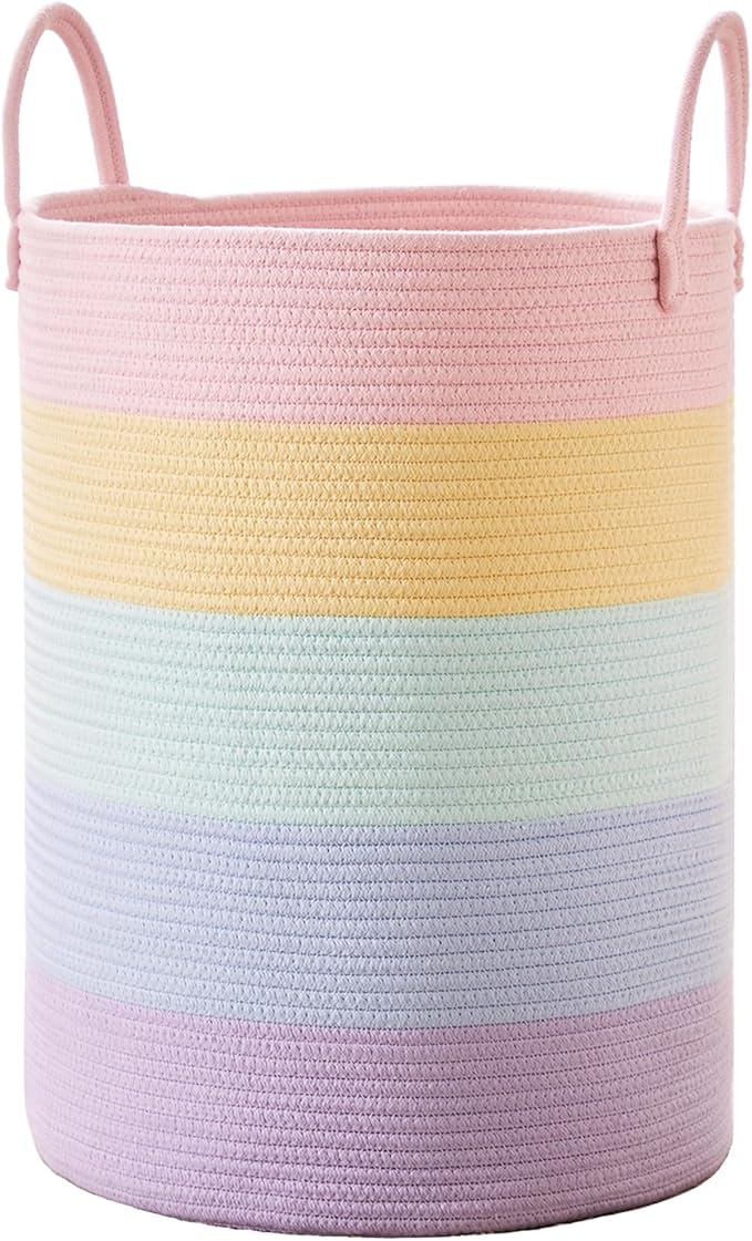 80L Extra Large Rainbow Baby Girls Hamper Laundry Basket for Kids Nursery Pastel Tall Blanket Basket for Toy Woven Rope Unicorn Clothes Hamper in Living Room Playroom Bedroom 16"D x 22"H