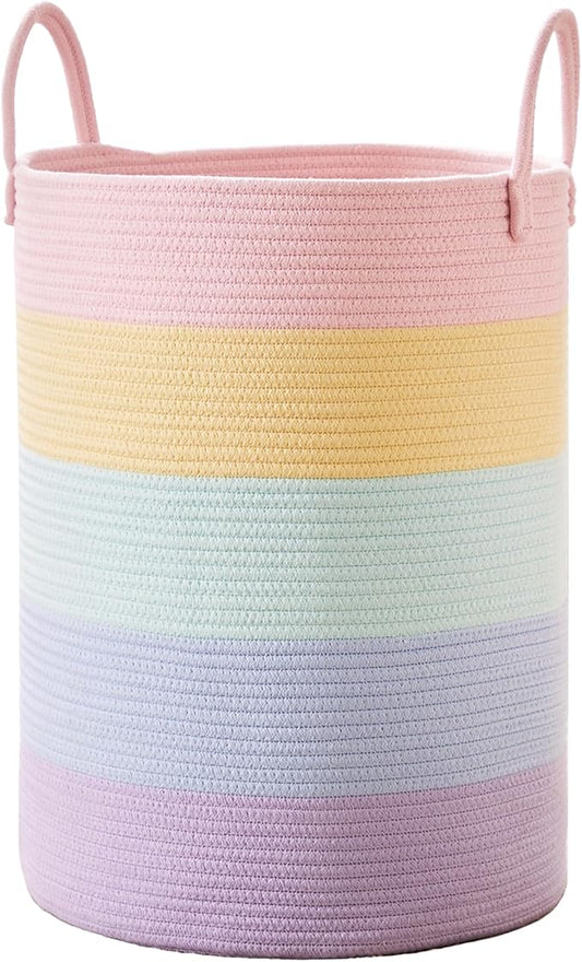 80L Extra Large Rainbow Baby Girls Hamper Laundry Basket for Kids Nursery Pastel Tall Blanket Basket for Toy Woven Rope Unicorn Clothes Hamper in Living Room Playroom Bedroom 16"D x 22"H