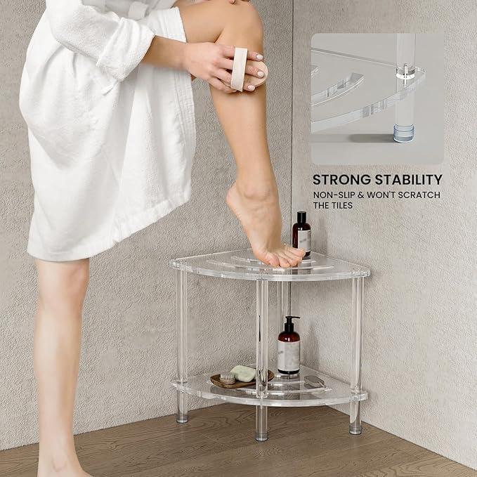 Sumerflos Acrylic Corner Shower Stool, Clear Shower Bench for Shaving Legs Seating Waterproof Heavy Duty Assemble Modern (Clear, 15.75" D x 15.75" W x 18.11" H)