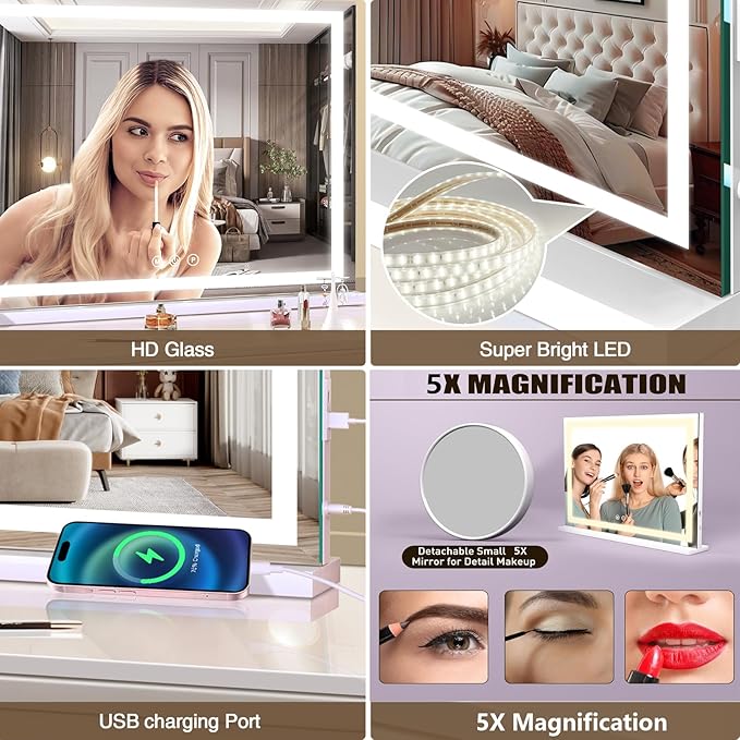 halumao Vanity Mirror with Lights, 31.5" x 23.6" Large Makeup Mirror with LED Lights, Smart Touch Dimmable 3-Color Light, Memory Function, USB Charging Port