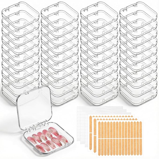 48 Pack Press On Nail Storage Box Clear Acrylic Nail Organizer Display Case with 180 Adhesive Double Sided Tape for Fake Nails, Nails Packaging Supplies