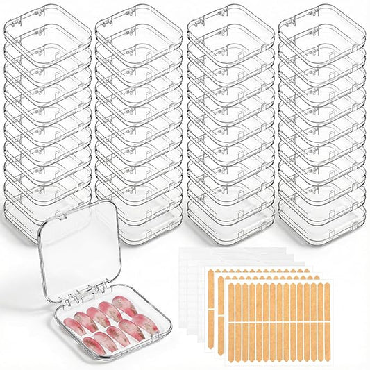 48 Pack Press On Nail Storage Box Clear Acrylic Nail Organizer Display Case with 180 Adhesive Double Sided Tape for Fake Nails, Nails Packaging Supplies
