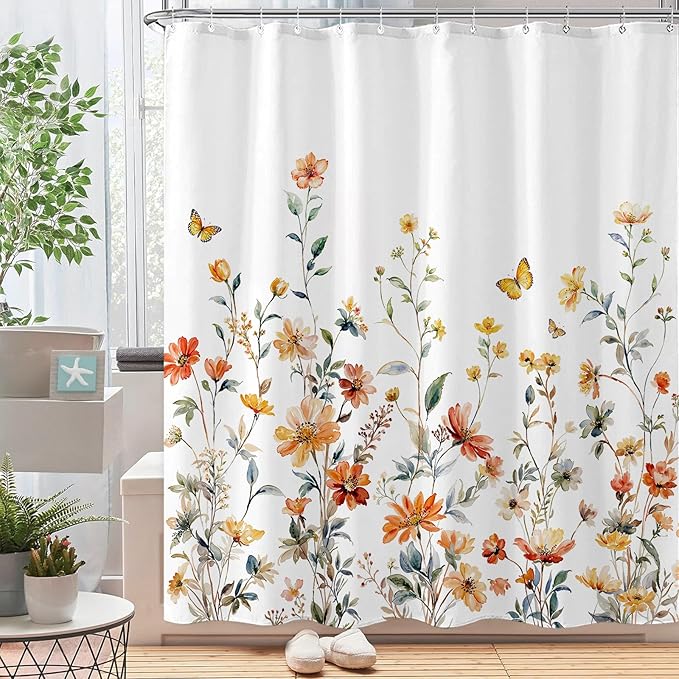 Aipon Watercolor Floral Shower Curtain Colorful Wildflower Shower Curtains for Bathroom Boho Pink Orange Spring Flower Butterfly Botanical Waterproof Fabric Bath Curtain Decor 72 X 72 Inches