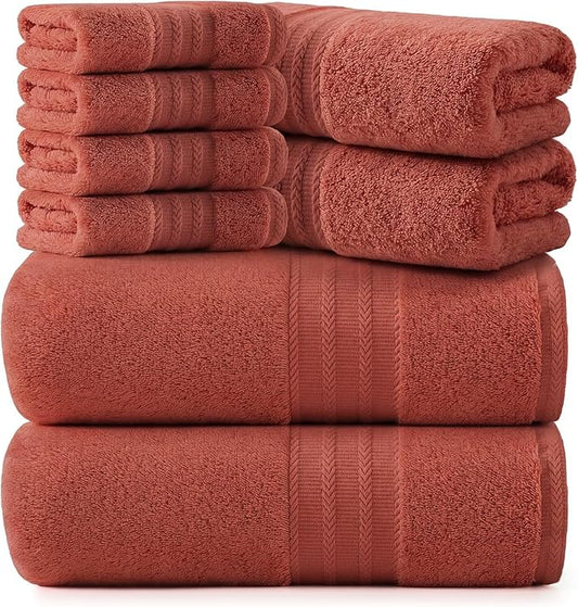REDKISS 8 Piece Orange Towels Set - 100% Cotton Towels Set with 2 Large Bath Towels, 2 Hand, 4 Washcloths, 600 GSM Highly Absorbent Bath Towel Sets, Orange Quick Dry Shower Towel for Family Dorm Gym
