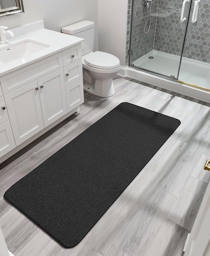Bath Mat,Ultra Thin Bathroom Runner Rugs,Large Bath Mats for Bathroom,Quick Dry,Non-Slip,Machine Washable,Low Pile,Bath Rug,Shower Outside,Sink,Home Decor Accessories.Black,2'x5'（24x60inch）