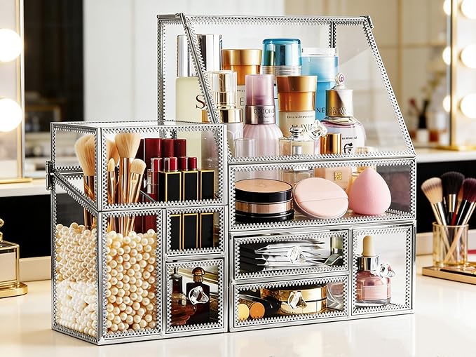 Hersoo Glass Makeup Organizer for Vanity/Stackable 2Pieces Drawer Set/Antique Countertop Vanity Cosmetic Storage Box Mirror Glass Beauty Display, Holder for Brushes Lipsticks Skincare Toner (Silver)