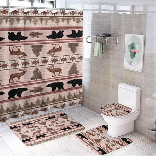 Black Bear Deer Tribal 4 Piece Shower Curtain Sets, Non-Slip Rugs, Toilet Lid Cover and Bath Mat, Durable and Waterproof, for Bathroom Decor Set One Size