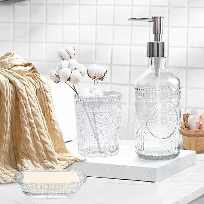 FEILANDUO 3Pcs Glass Bathroom Accessories Set, Lotion & Soap Dispenser, Toothbrush Holder, Soap Dish, Modern Bathroom Countertop Decor for Home, Housewarming Gift (Clear, 3 Pcs Bathroom Set)