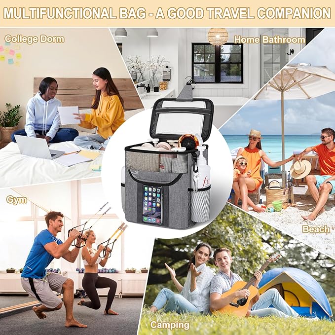Portable Shower Caddy Shower Bag, Travel Toiletry Bag Tote Bag College, Large Capacity Mesh Shower Caddy Portable for Student for Dorm Room Bathroom Camping Essentials (Gray)