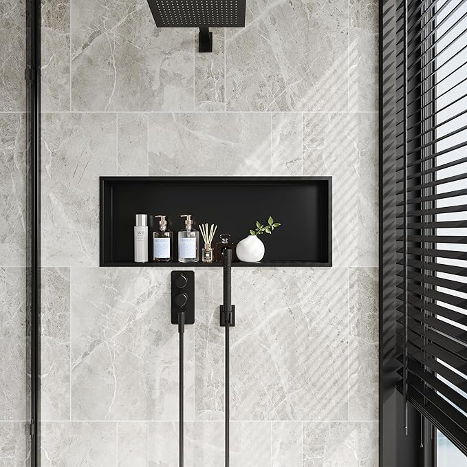 Neodrain Shower Niche, Insert Bathroom Storage Shower Shelf, Stainless Steel Recessed Wall Niche No Tiled Recessed Cabinet Waterproof for Shower Storage(Matte Black,30"x12")