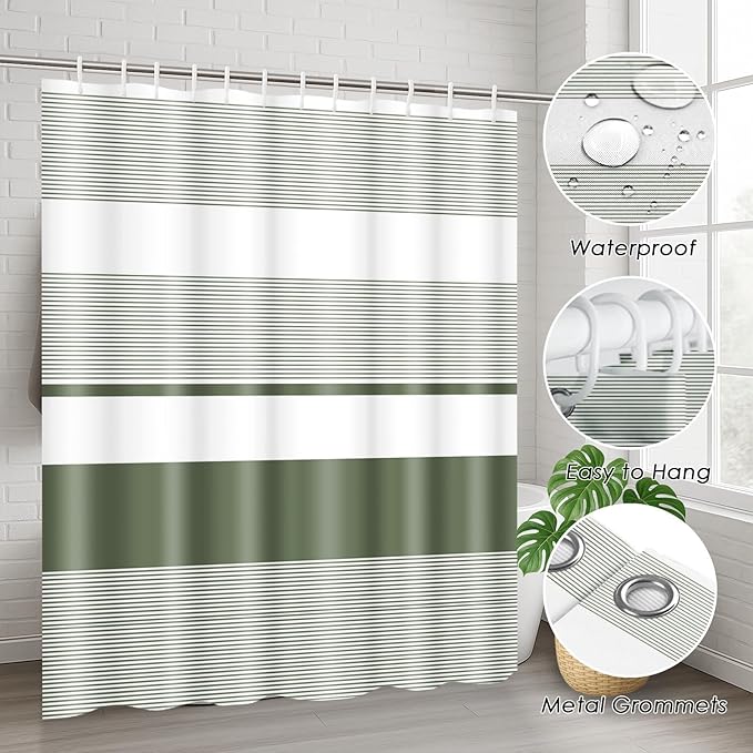 Sage Green Shower Curtain Set with Toilet Lid Cover and Non-Slip Rugs for Bathroom, Modern Striped Lines 4 Pcs Shower Curtain, Simple Abstract Bathroom Set with 12 Hooks