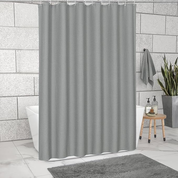 MitoVilla Grey Waffle Stall Shower Curtain, 36 x 72, Farmhouse Half Size, Fabric Narrow, 36 inch Waffle Weighted Set, Gray