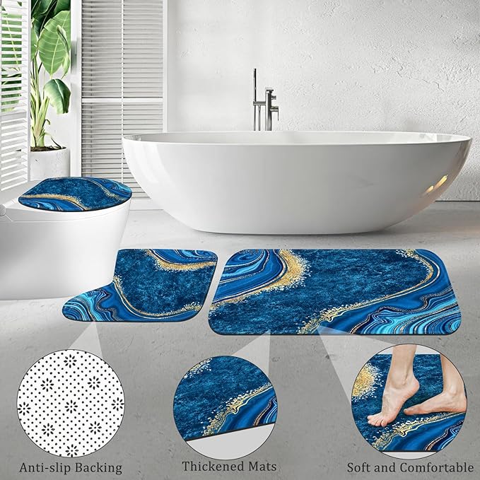 4PCS Blue Gold Marble Bathroom Sets with Shower Curtain and Rugs, Abstract Shower Curtain Sets with Rugs, Modern Bathroom Curtains Shower Set with Toilet Lid Cover Accessories