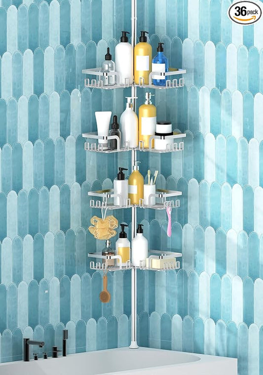 KEGII Adjustable Shower Caddy Corner Tension Pole, Rustproof Shower Rod Organizer with Hooks, Floor to Ceiling Tension Rod 25-114.2 Inch, Bathtub Storage Organizer for Shampoo, 4-Tier Silver