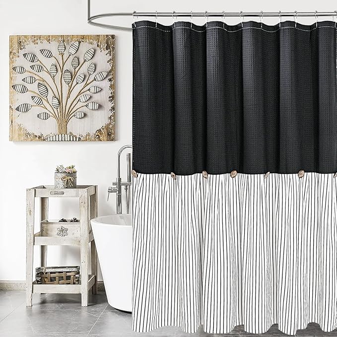 Farmhouse Shower Curtain, Black and Black Striped, Button Curtain, Spa Waffle and Cotton Woven Fabric, Rustic Charm Country Chic Style, 72x72 in