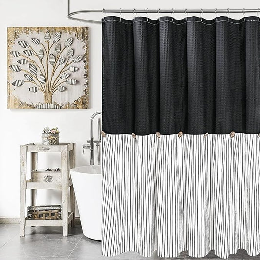 Farmhouse Shower Curtain, Black and Black Striped, Button Curtain, Spa Waffle and Cotton Woven Fabric, Rustic Charm Country Chic Style, 72x72 in