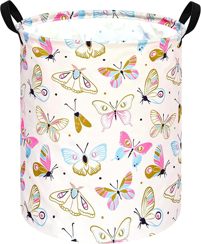 KUNRO Round Spring Butterfly Laundry Gift Basket Storage Hamper, Clothes Storage Organizer Bins, Shelf Basket with Handles for Room Decor