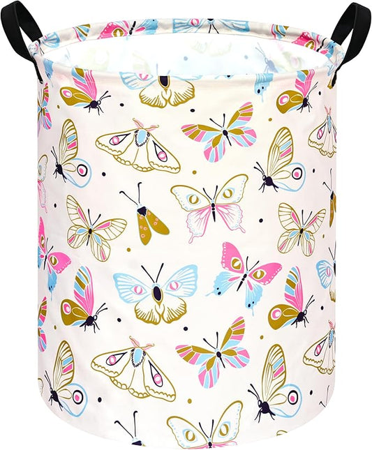 KUNRO Round Spring Butterfly Laundry Gift Basket Storage Hamper, Clothes Storage Organizer Bins, Shelf Basket with Handles for Room Decor