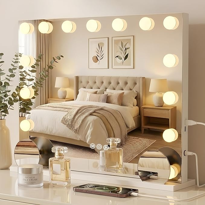 VESAUR Hollywood Vanity Mirror with 10X15X Magnification and Lights, 23"x18" Makeup Mirror with 15 Dimmable LED Bulbs, 3 Color Modes, USB/Type-C Port, Aluminum Frame, Tabletop & Wall Mount for Bedroom