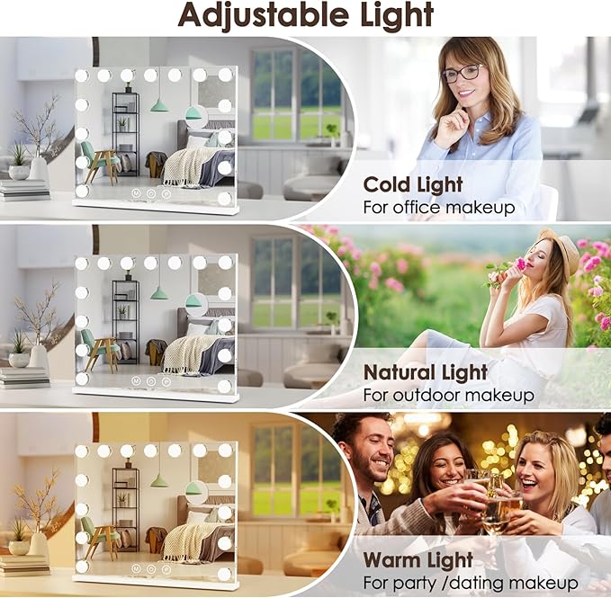 Lighted Makeup Mirror 19" L x 23" Light Hollywood Mirror with Detachable 10X Magnification Hollywood Vanity Mirror with Lights Smart Touch Control Hollywood Lighted Mirror with 15 LED Bulbs 3Colors
