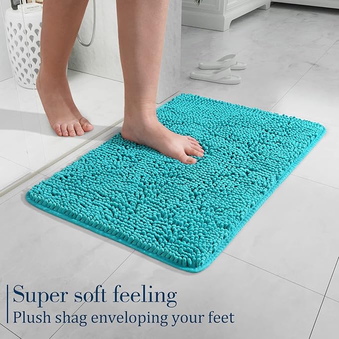 LOCHAS Luxury Bathroom Rug Shaggy Bath Mat 24 x 17 Inch, Washable Non Slip Bath Rugs for Bathroom Shower, Soft Plush Chenille Absorbent Carpets Mats, Teal Blue