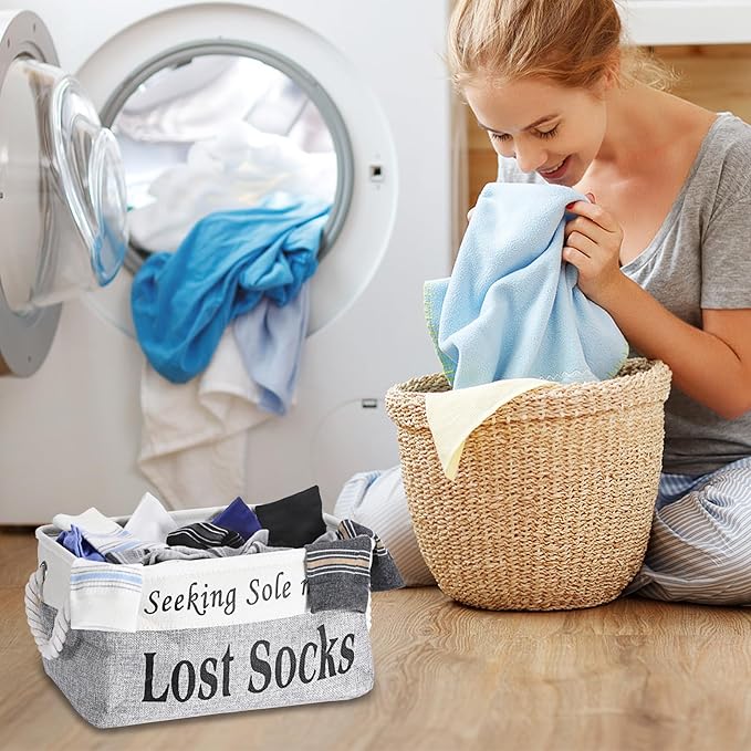 2 Pack Lost Socks Basket for Laundry Room, Fabric Missing Sock Holder for Single Sock Organization, Collapsible Lost Socks Bin Stockings Container, Farmhouse Laundry Room Decor and Accessories