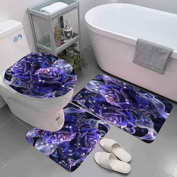 Yddsky 4 PCS Purple Rose Shower Curtain Sets,Black Bathroom Set with Modern Bathroom Curtains Shower Set with Toilet Lid Cover for Women Bathroom Decor Accessories