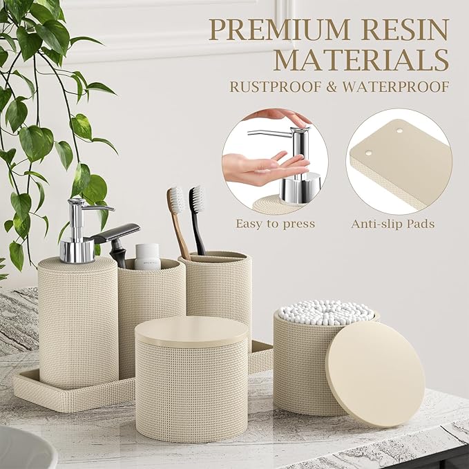 6-Piece Beige Bathroom Set - Mesh Textured Resin Bathroom Accessories Set with Soap Dispenser, Toothbrush Holder, Cup, Vanity Tray & Apothecary Jars for Small Spaces