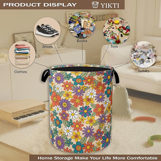 70s Groovy Flower Laundry Hamper,Hippie Flowers Collapsible Laundry Baskets,Waterproof Oxford Cloth Laundry Room Organization for Bedroom,Bathroom,Nursery,16x20 Inch