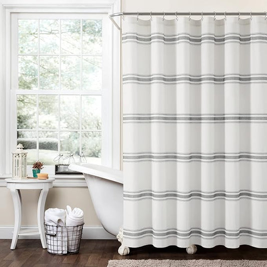 Lush Decor Farmhouse Stripe Cotton Shower Curtain, 72" W x 72" L, Dark Gray - Striped Bathroom Curtain - Fabric Shower Curtains - Farmhouse Bathroom Decor