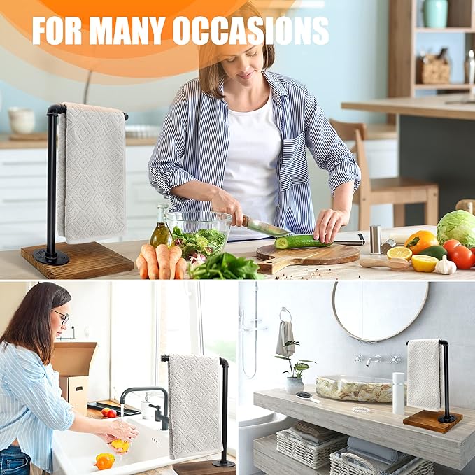 15'' Hand Towel Holder, L Shaped Towel Holder Stand with Weighted Base, Black Hand Towel Stand for Bathroom Kitchen Countertop